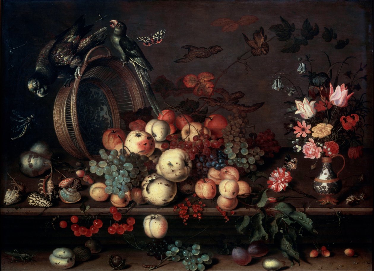 Csendélet gyümölcsökkel, virágokkal és papagájokkal, 1620-as évek alkotó: Balthasar van der Ast