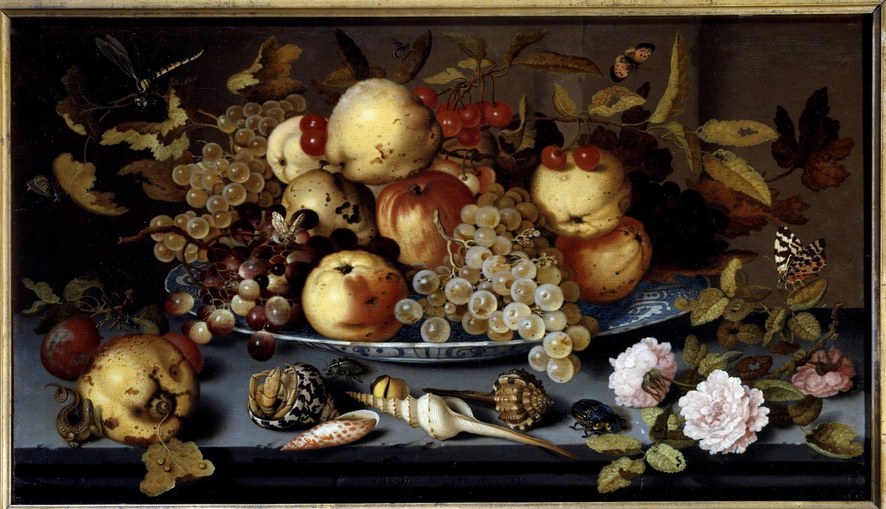 Csendélet gyümölcsökből, virágokból, kagylókból és rovarokból. Balthasar Van Der Ast (1590-1656) festménye Ec. Hol alkotó: Balthasar van der Ast