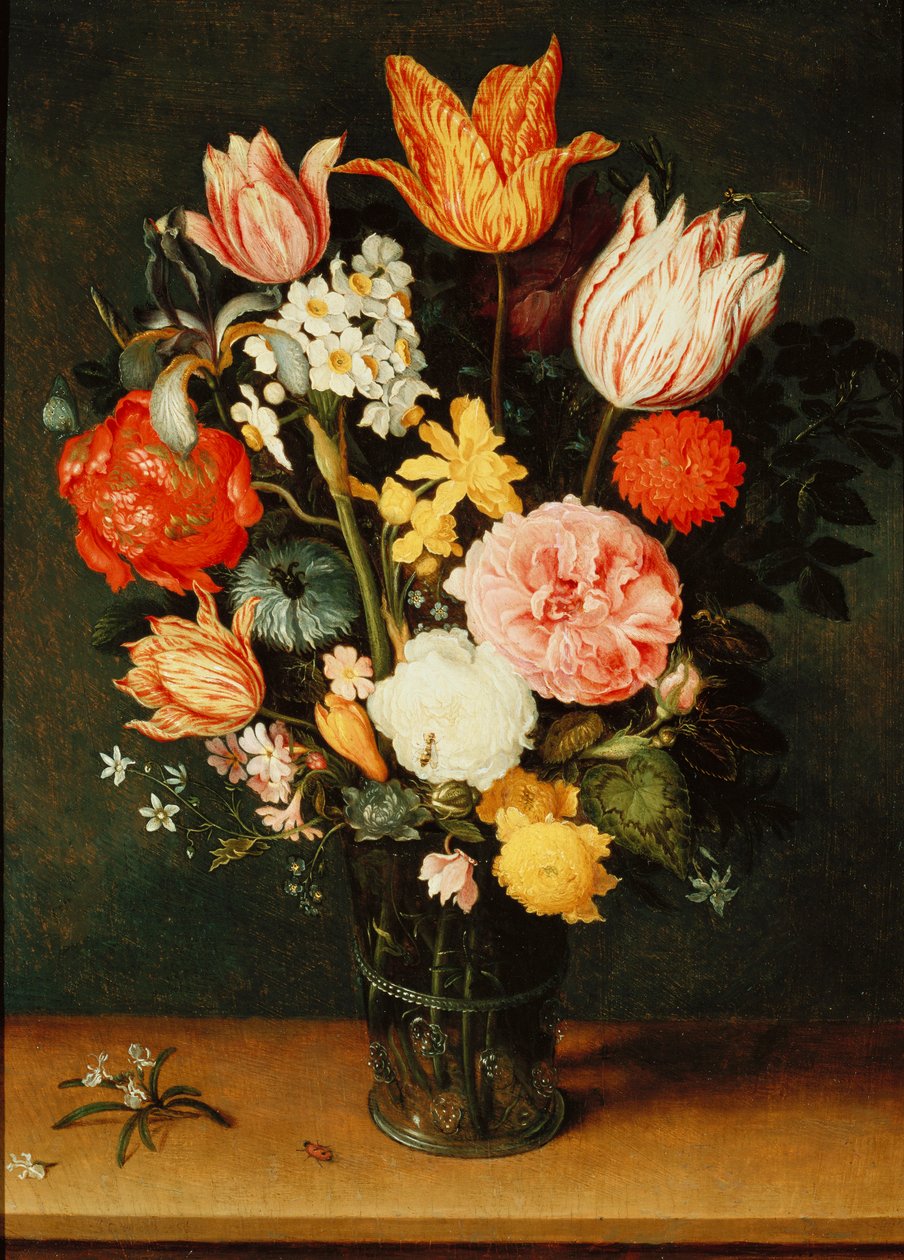 Tulipánok, rózsák és más virágok üvegvázában alkotó: Balthasar van der Ast