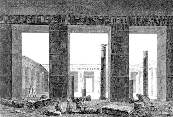 Belső nézet a palota perisztylájáról, Medynet-Abon, Théba, 14. tábla az "Egyiptom leírásai" II. kötetéből, Reville metszete, kocsma. Napóleon parancsa alatt alkotó: Balzac (after)