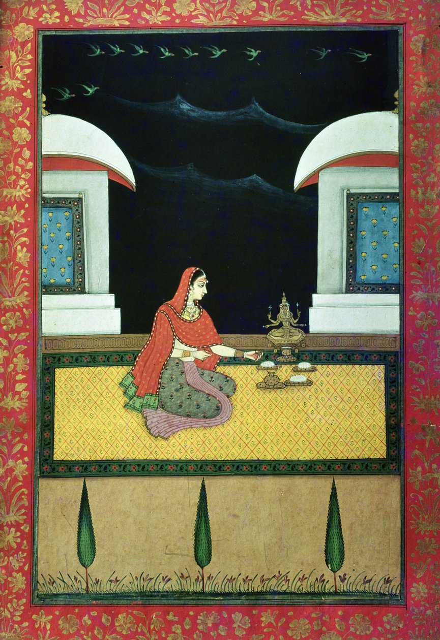 Szőnyegen ülő nő, 1750 (guache, papíron) alkotó: Bangazi Ragini