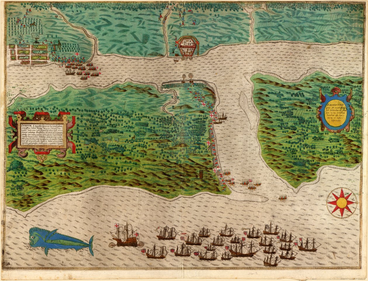 Augustine a Drakes West Indian Voyage 1585-86-ból, pub. 1589 (kézzel színezett metszet) alkotó: Baptista Boazio