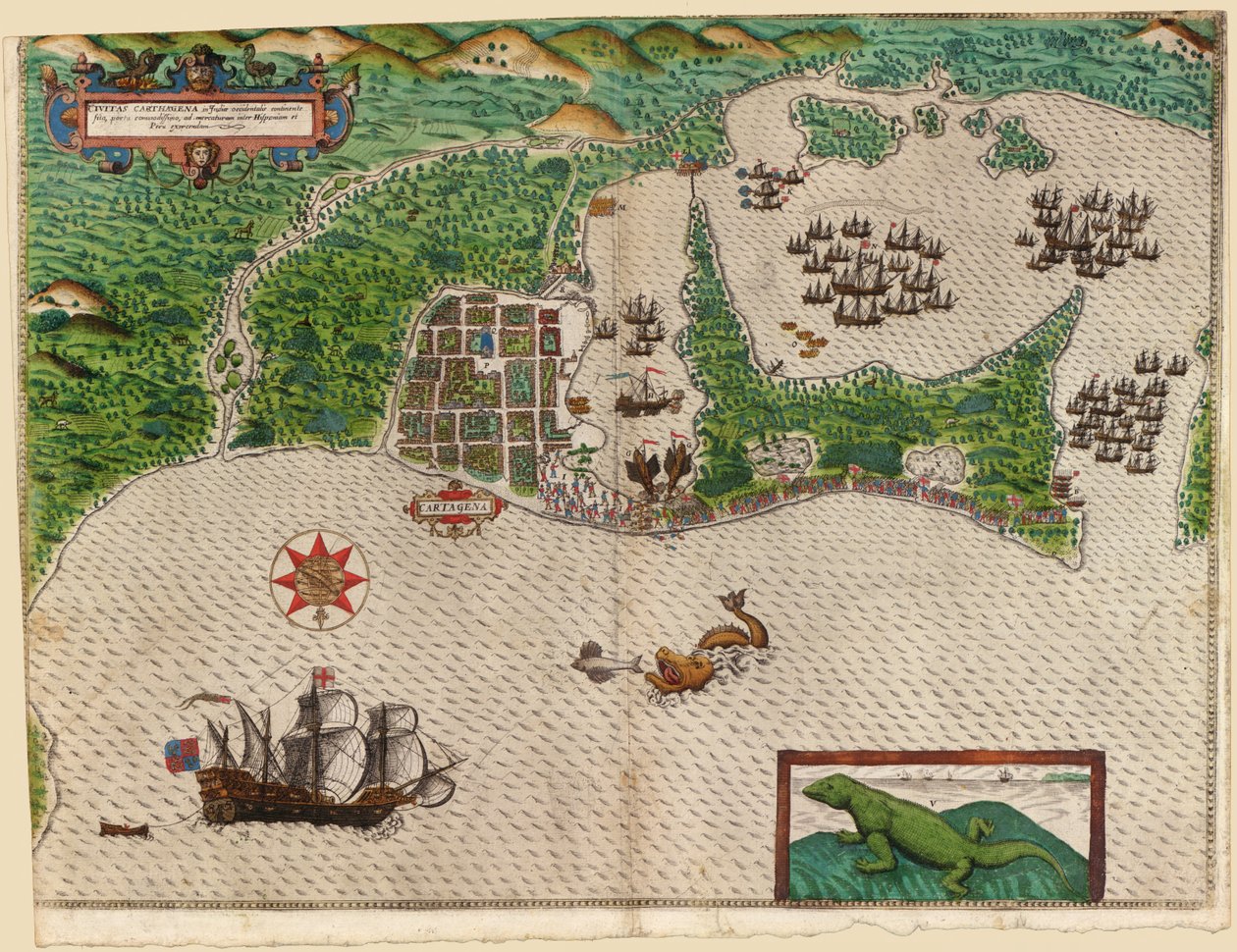 Cartagena, Drakes West Indian Voyage 1585-86, pub. 1589 (kézzel színezett metszet) alkotó: Baptista Boazio