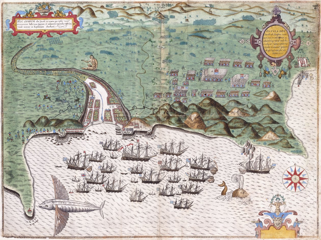 Santiago (Zöld-foki-szigetek) látványterve, Sir Francis Drake támadása a spanyol erőd ellen 1585. november 17-én, 1588-99 körül alkotó: Baptista Boazio