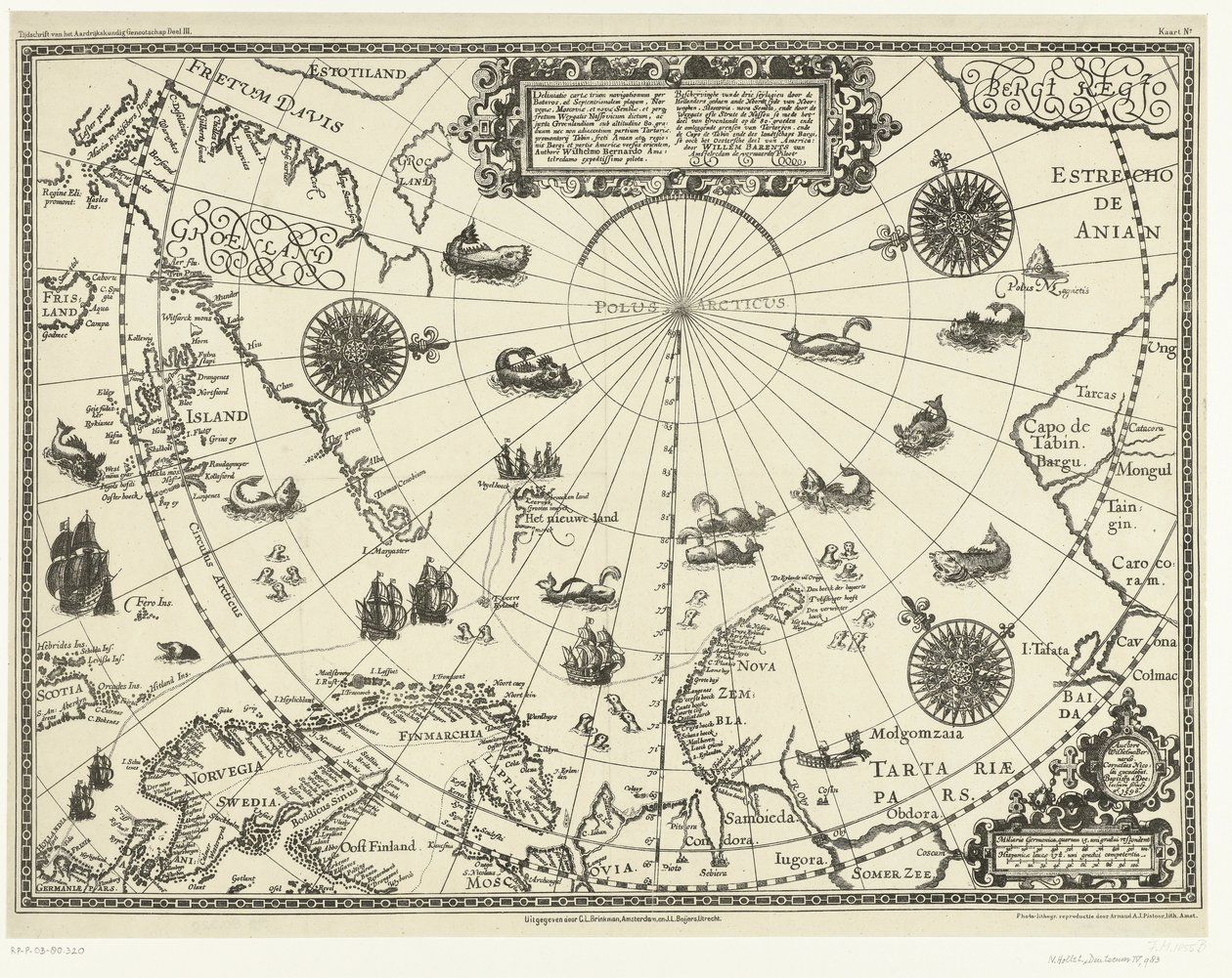 Az Északi-sarkkör körüli országok térképe a hollandok három utazásával 1598-ban alkotó: Baptista van (after) Doetechum