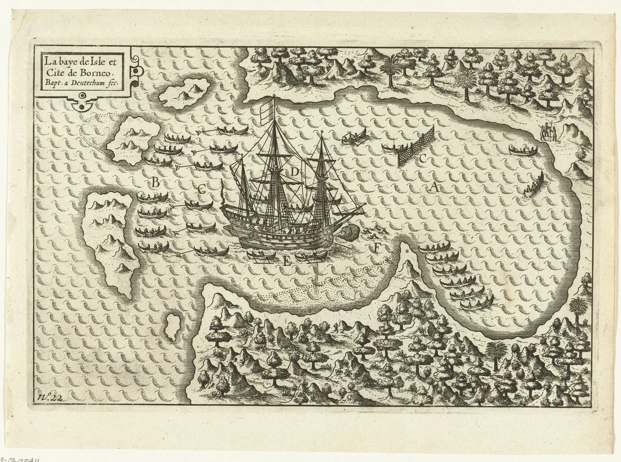 Érkezés Borneóra, 1600 La baye de Isle et Cite de Borneo (cím a tárgyon), RP-P-OB-75.411 alkotó: Baptista van Doetechum