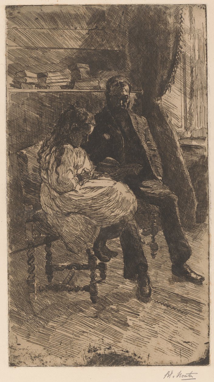 Belső egy férfi és egy lány, akik együtt olvasnak egy könyvet alkotó: Barbara Elisabeth van Houten (signed by artist)