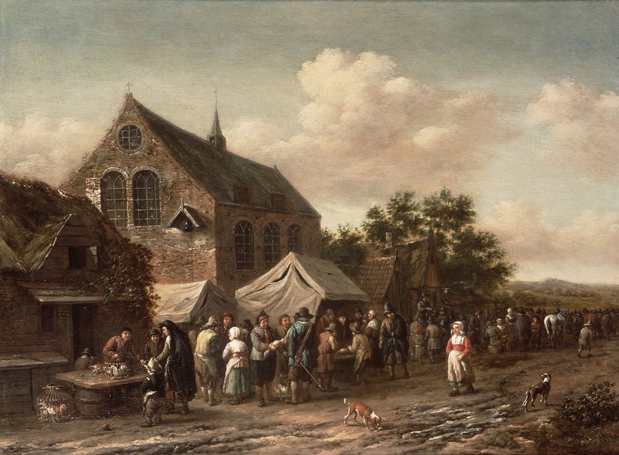 Baromfipiac egy templom mellett alkotó: Barend Gael or Gaal