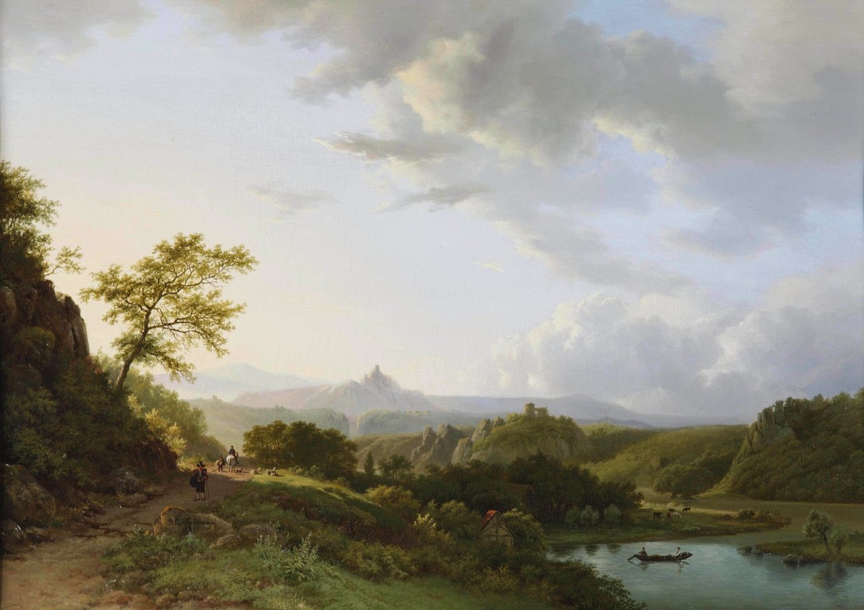 Nyári panorámás táj, utazókkal és egy várrommal a távolban alkotó: Barend Cornelis Koekkoek
