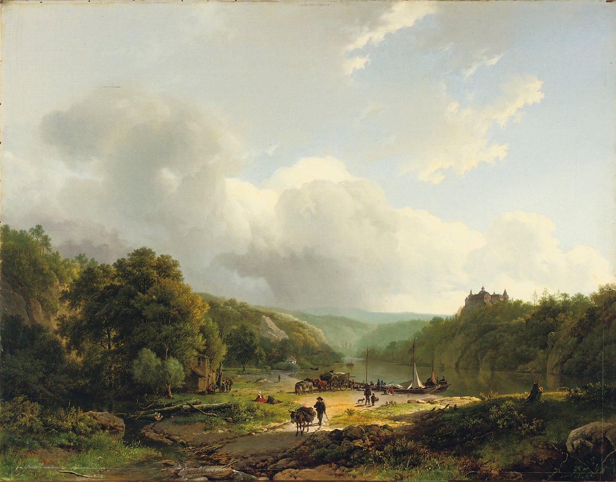 A bárka kirakodása hullámzó tájon, 1831 alkotó: Barend Cornelis Koekkoek