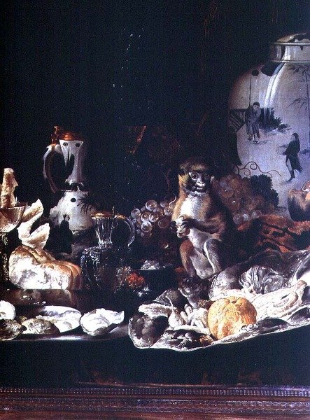 Egzotikus csendélet majommal és kínai porcelánnal alkotó: Barend or Bernardus van der Meer