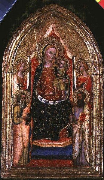 Madonna és a Szent Bertalan és más szentekkel trónoló gyermek alkotó: Bargello Master