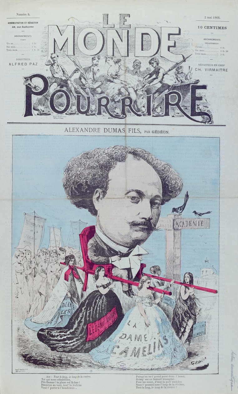 Alexandre Dumas karikatúrája, a „Le Monde Pour Rire” magazin filmjei, 1868. május 2. alkotó: Baril Gedeon