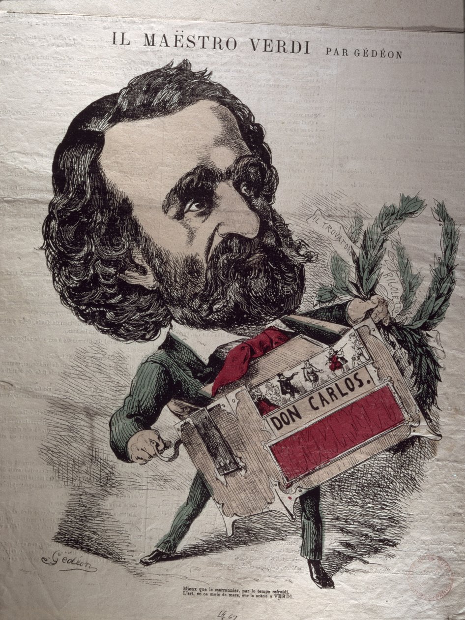 „Il Maestro Verdi”, Giuseppe Verdi (1813-1901) olasz zeneszerző orgonacsiszolónak öltözött karikatúrája alkotó: Baril Gedeon