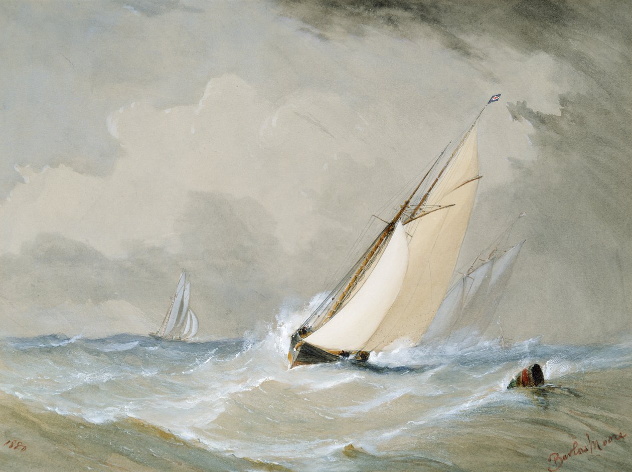 Miranda dolgozik a Weilingen könnyűhajóról erős szélben – Ostend 1880 alkotó: Barlow Moore