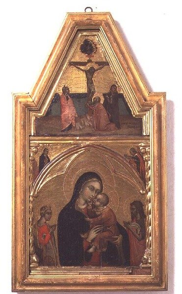 Madonna és gyermek Keresztelő Szent Jánossal és Szent Katalinnal, fent a keresztre feszítés jelenetével alkotó: Barnaba da Modena
