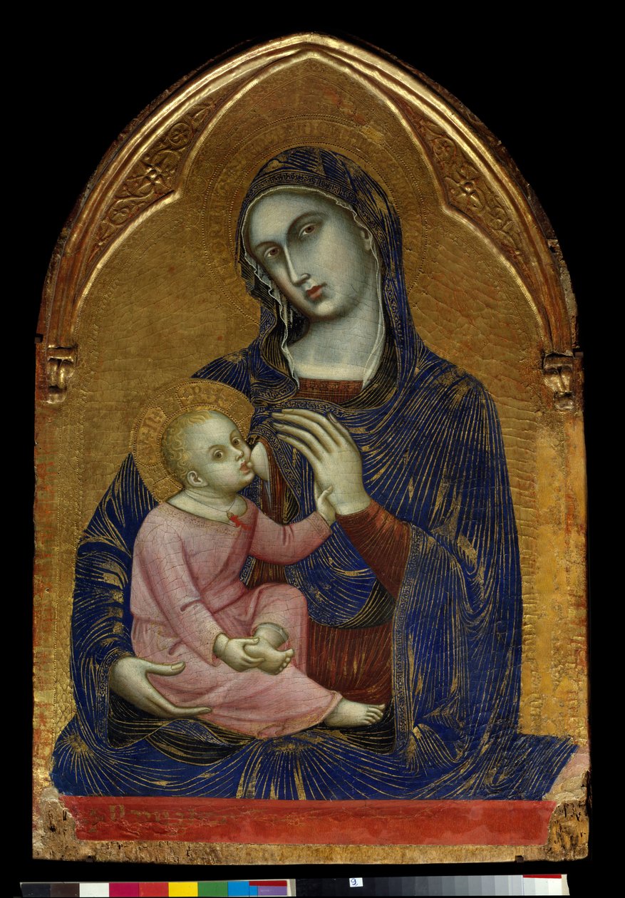 A Szűz és a Gyermek Mária szoptatja Jézus Krisztust, akinek korall nyaklánca van. Barnaba da Modena festménye fára (1361-től 1383-ig ismert) Dim. 1,09x0,72 m Párizs, Musee du Louvre. alkotó: Barnaba da Modena