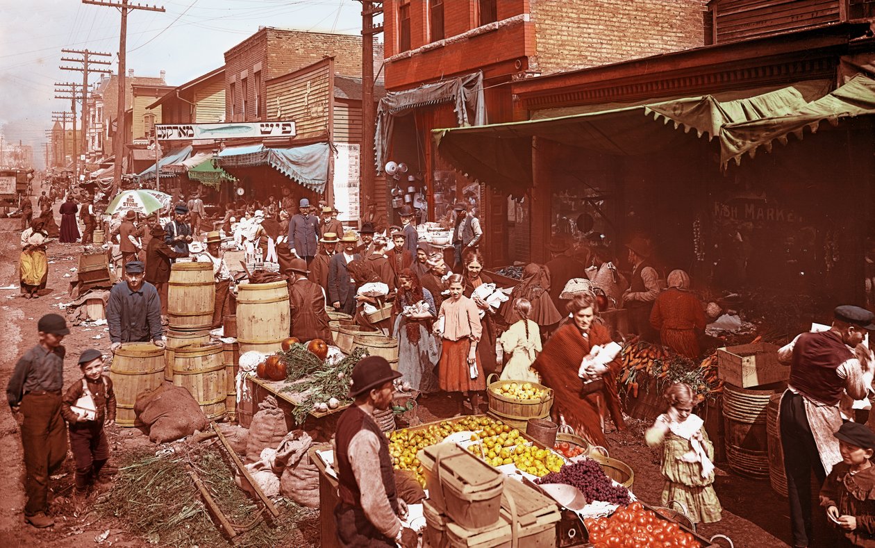 Maxwell Street Market., Chicago, Illinois, USA, 1905 körül (fotó) alkotó: Barnes and Crosby