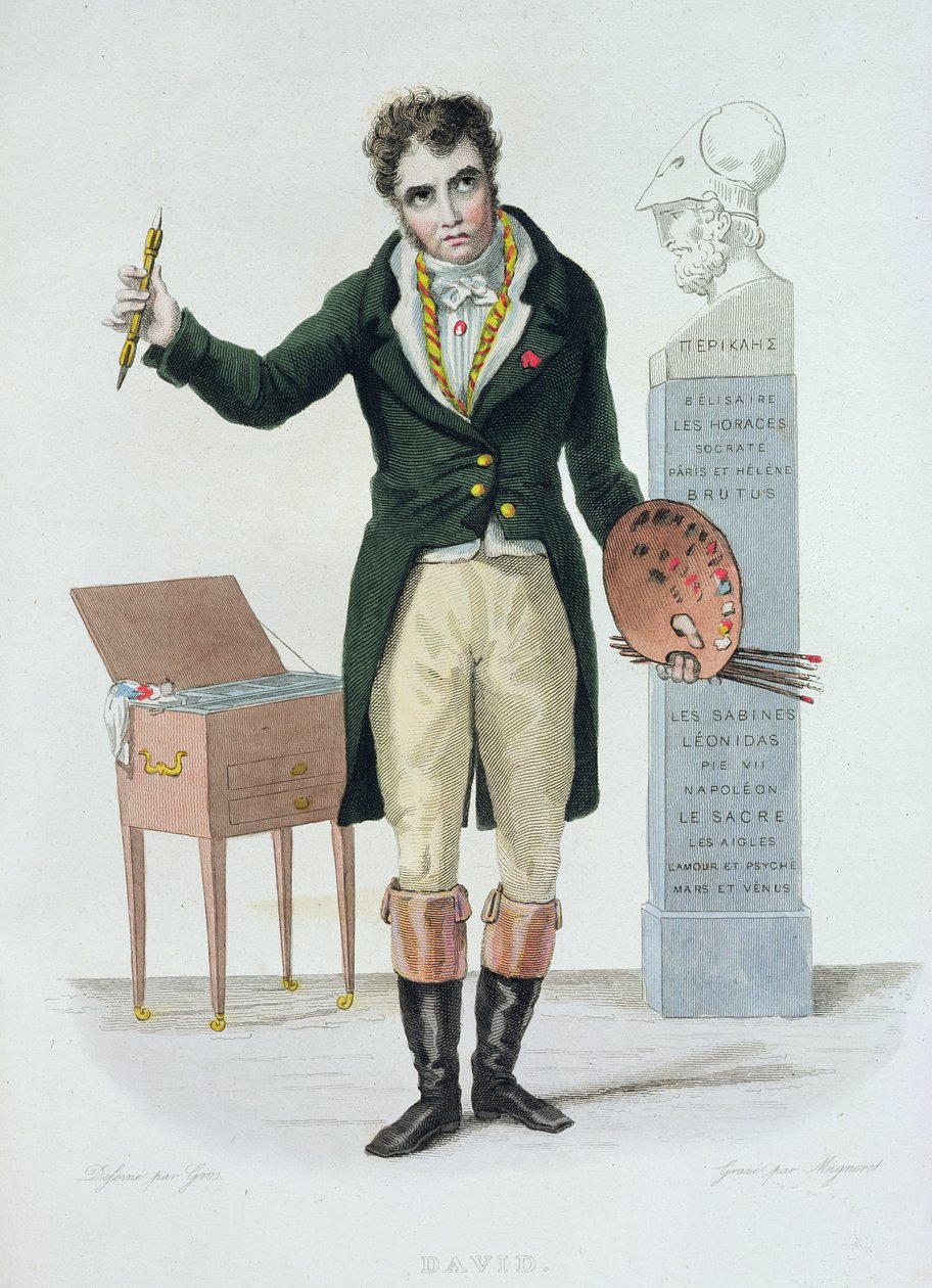 Jacques Louis David (1771-1835), illusztráció E. Mennechet "Le Plutarque Francais" című művéhez, 1835 (színes metszet). alkotó: Antoine Jean Gros