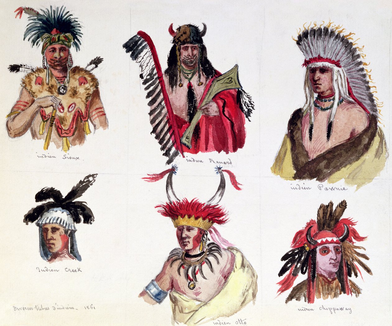 Hat amerikai indián portréja a sziú, renard, pawnee, Creek, Otto és Chippewa törzsekből, 1861 alkotó: Maurice Sand