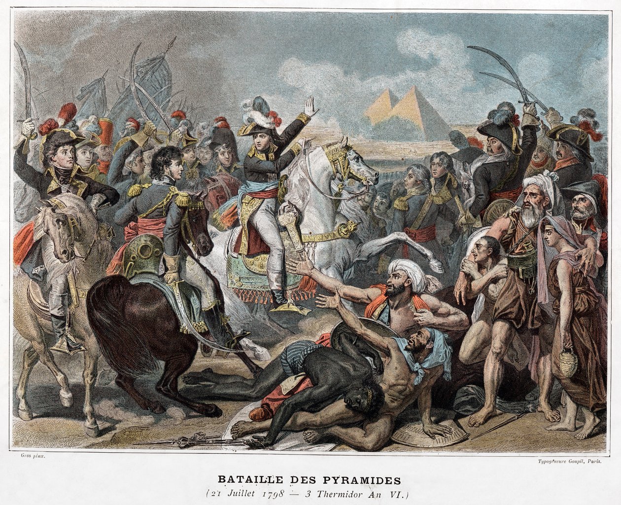 Csata a piramisoknál : Bonaparte Napóleon Egyiptomban 1798-ban (metszet) alkotó: Baron Antoine Jean (after) Gros