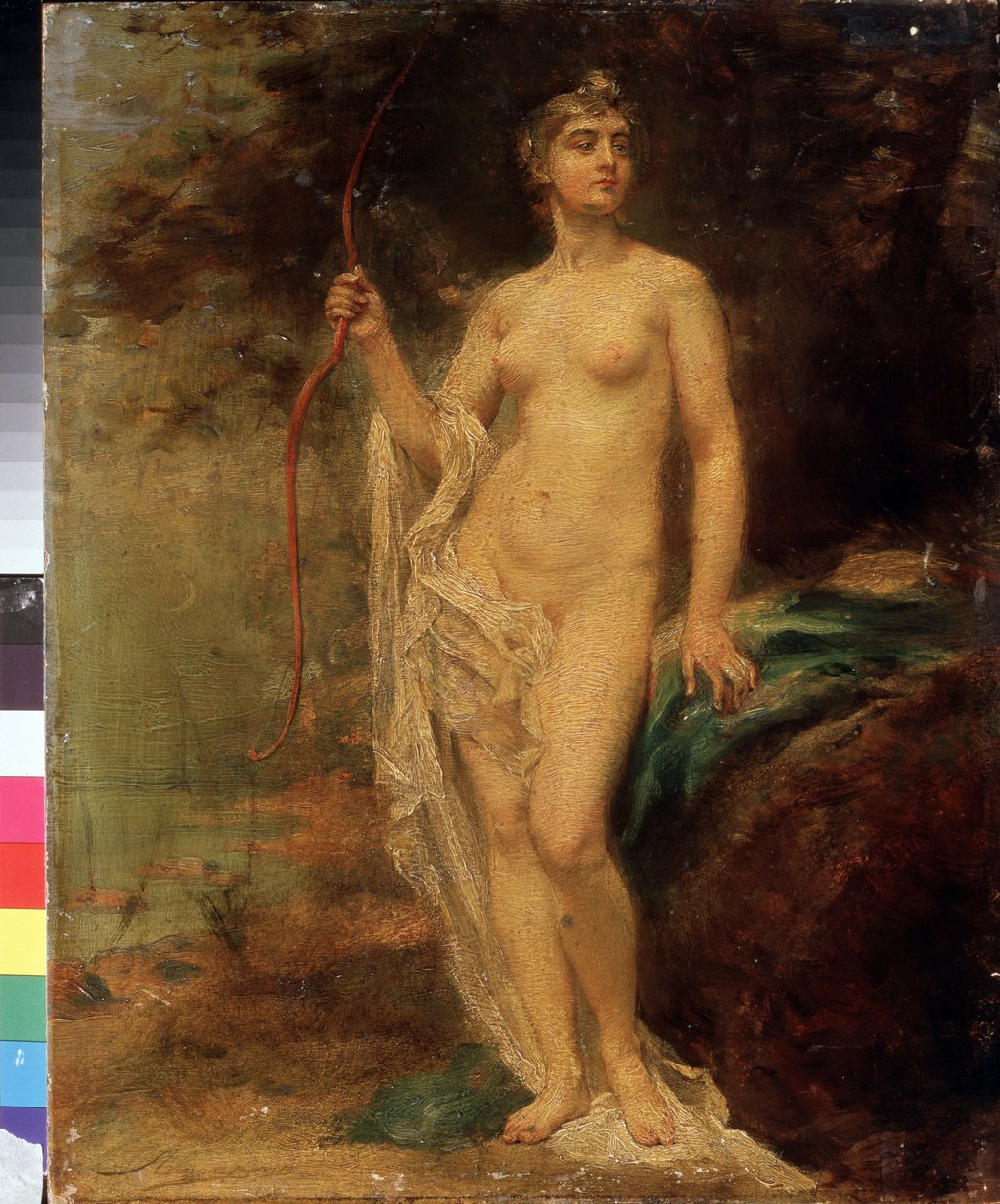 Diana (Diana). A meztelen istennő az erdei folyó közelében tartja íját, gőgös arccal. Ernest Karlovich Liphart (1847-1932) festménye, olaj, vászon. orosz művészet alkotó: Baron Ernest Friedrich von Liphart