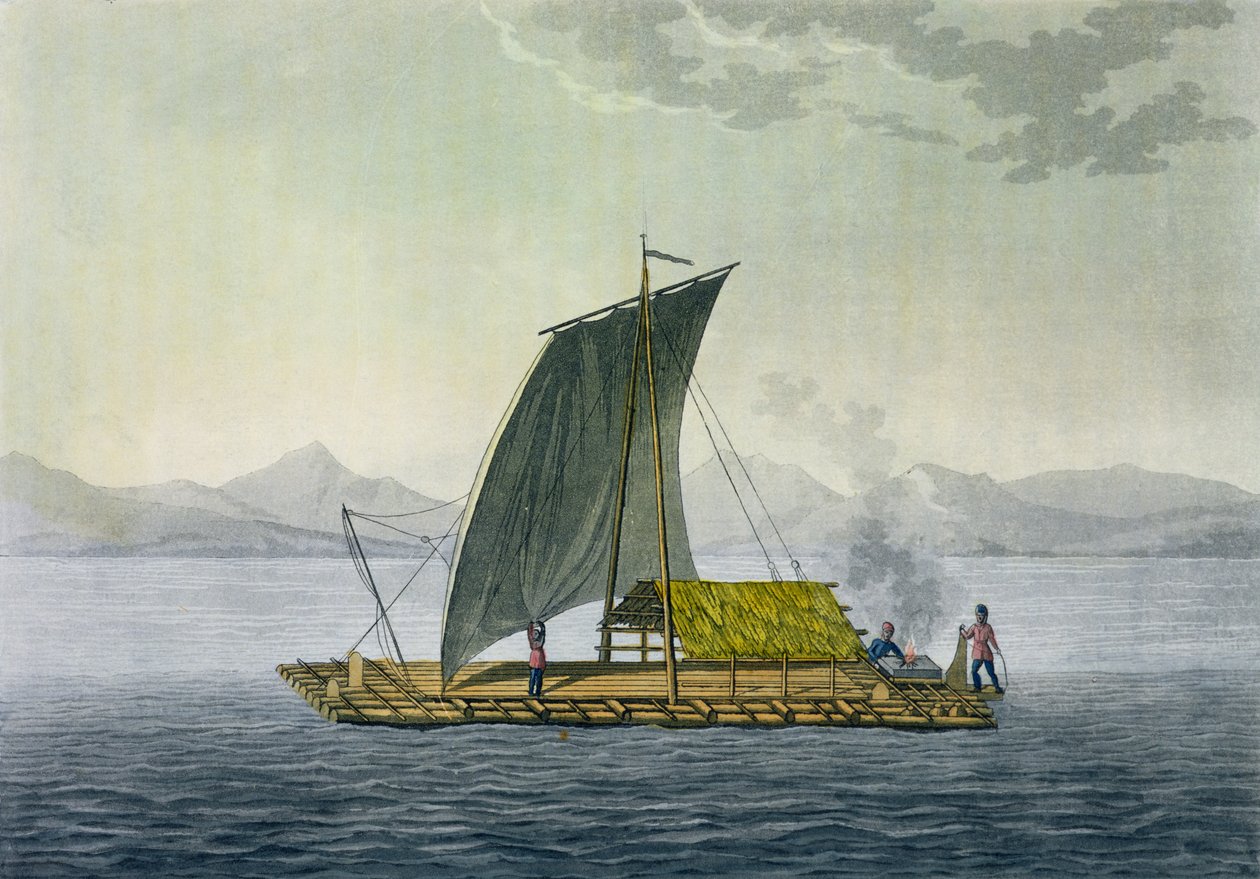 Az ecuadori Guayaquil kikötőjét elhagyó tutaj a „Le Costume Ancien et Moderne” II. kötet 9. táblájából, Jules Ferrariotól, Paolo Fumagalli metszetében, az 1820-as és 30-as évek körül megjelent alkotó: Baron Friedrich Alexander von Humboldt