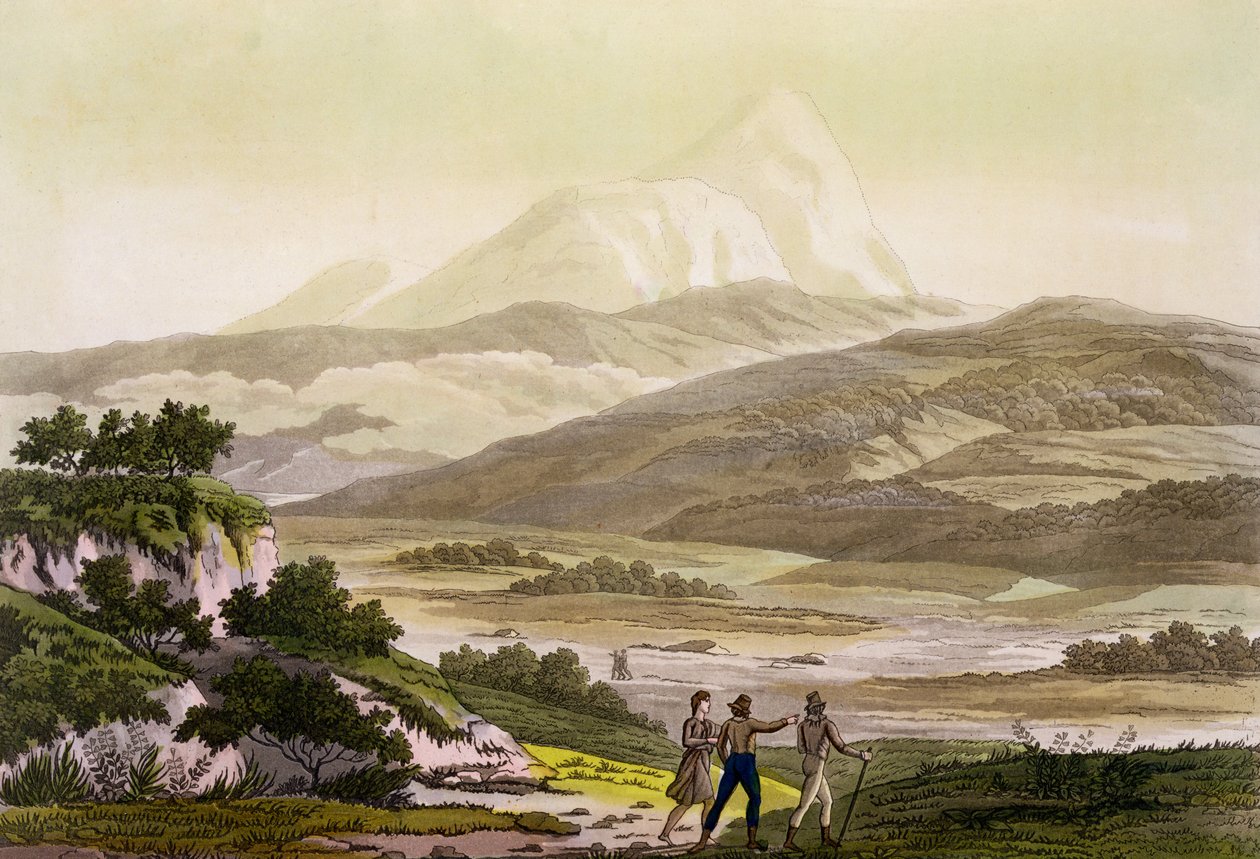 Mount Cayambe, Ecuador, a „Le Costume Ancien et Moderne” II. kötet 3. táblájából, Jules Ferrario, metszett Paolo Fumagalli, kiadva az 1820-as és 30-as évek körül alkotó: Baron Friedrich Alexander von Humboldt