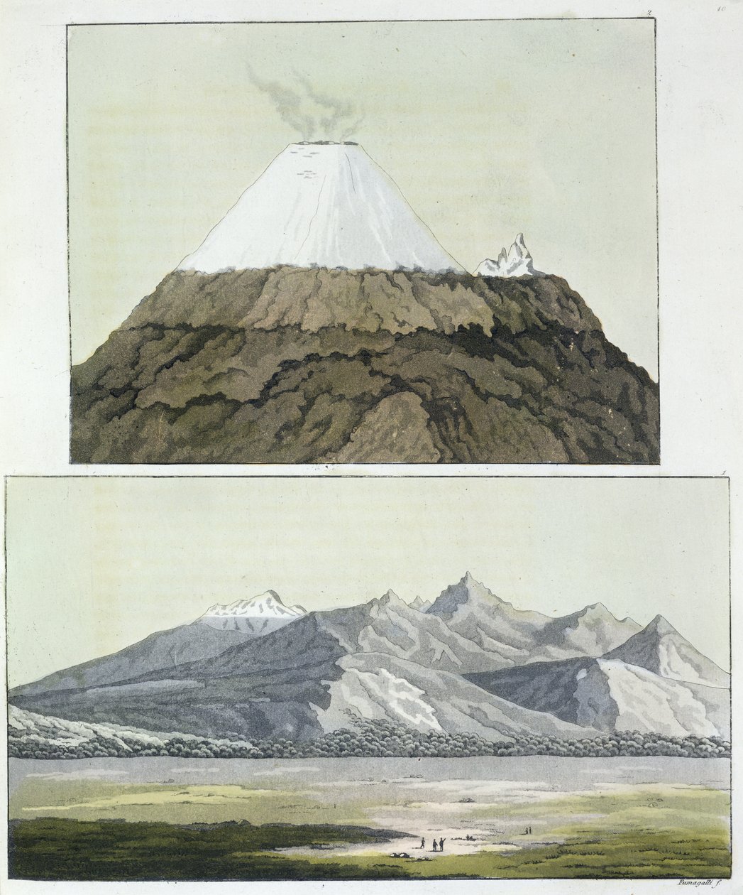 Cotopaxi csúcsa (fent) és Cotopaxi kitörése, 1803 (lent), Jules Ferrario „Le Costume Ancien et Moderne” I. kötetéből, az 1820-as és 30-as évek körül megjelent alkotó: Baron Friedrich Alexander von Humboldt