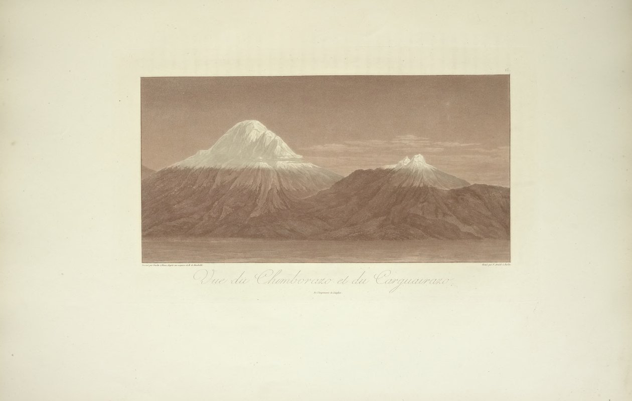 Chimborazo és Carguairazo képe, Gmelin rajza, Arnold metszete, illusztráció a "Kordillerák és Amerika őslakosainak emlékművei" című művéből, Alexander von Humboldt és Aime Bonpland, 1813 alkotó: Baron Friedrich Alexander von Humboldt