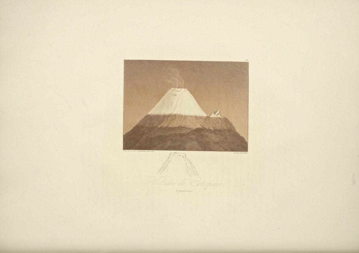 Cotopaxi vulkán, Gmelin rajza, Arnold metszet, illusztráció a "Kordillerák és Amerika őslakosainak emlékművei" című filmből, Alexander von Humboldt és Aime Bonpland, 1813 alkotó: Baron Friedrich Alexander von Humboldt