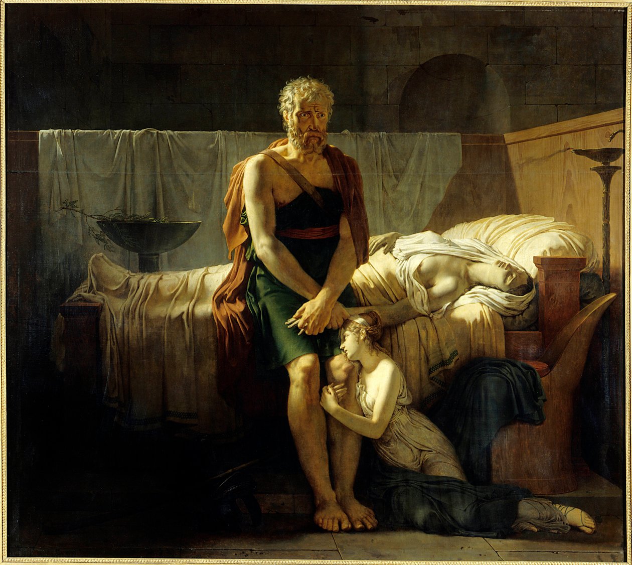 Marcus Sextus visszatérése Marcus Sextus (képzetes figura), megszökött Sylla előírásai elől, leletek visszatérésekor, lánya sírva, halott felesége közelében - Pierre Narcisse (Pierre-Narcisse) Guerin (1774-1833) festménye 1799 2. méret ,17 x 2,43 m Párizs alkotó: Baron Pierre Narcisse Guerin