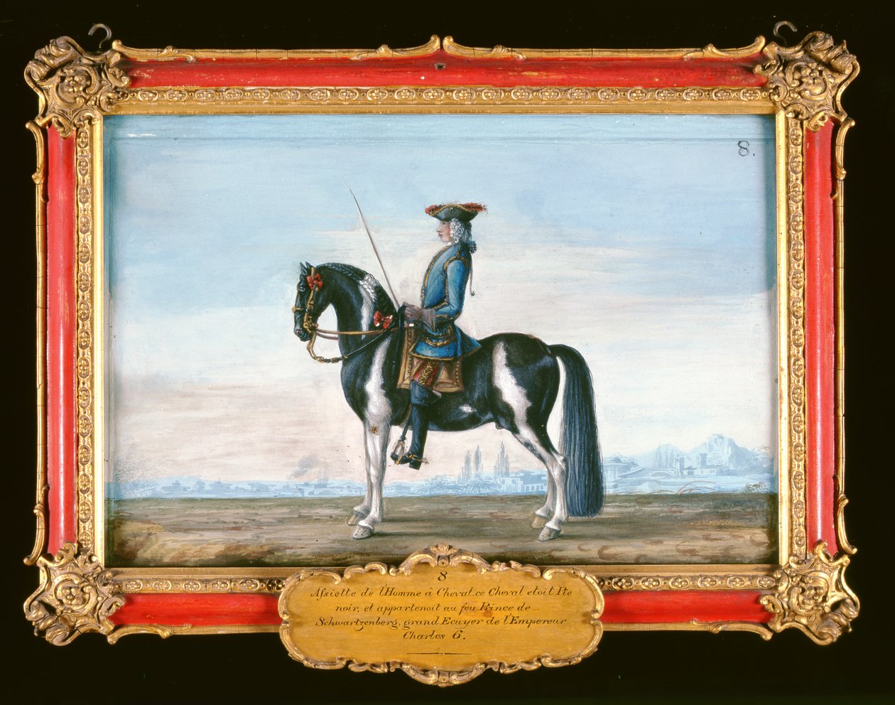 8. sz. Egy kopasz ló és lovas, a Spanyol Lovasiskolából, a néhai Schwartzenberg herceg lova, VI. Károly császár lovasa (papíron wc) alkotó: Baron Reis Eisenberg