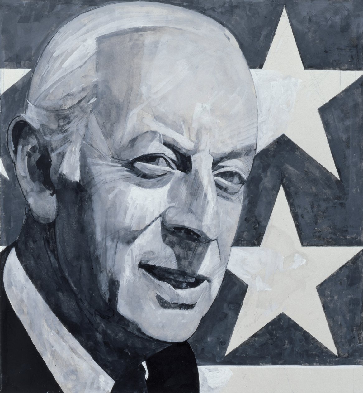 Alistair Cooke portréja, a The Listener illusztrációja, 1970-es évek (gouache a fedélzeten) alkotó: Barry Fantoni