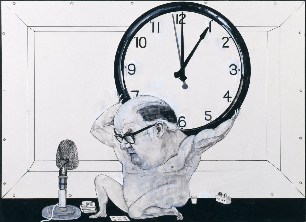 William Hardcastle portréja, illusztráció a The Radio Times számára, 1970-es évek (gouache, toll és tinta a fedélzeten) alkotó: Barry Fantoni