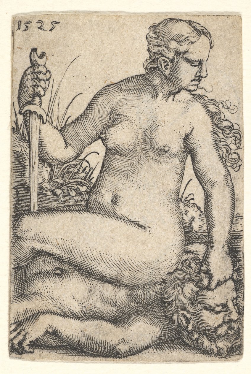 Judith jobbra néz, meztelenül Holofernész holttestén ült, sw..., 1525. alkotó: Barthel Beham