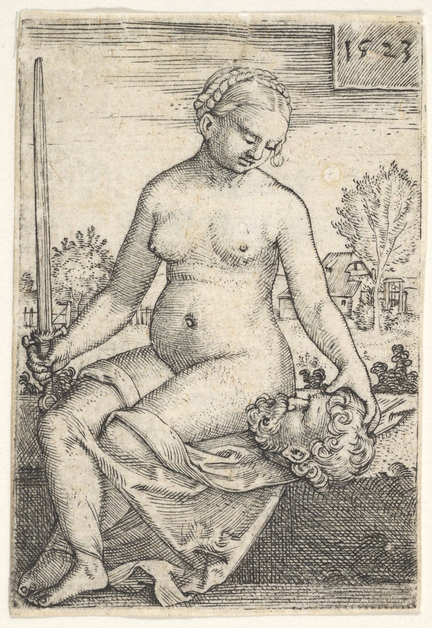 Judit, meztelenül ül, karddal a jobb kezében, és Holofernész fejét nézi..., 1523. alkotó: Barthel Beham