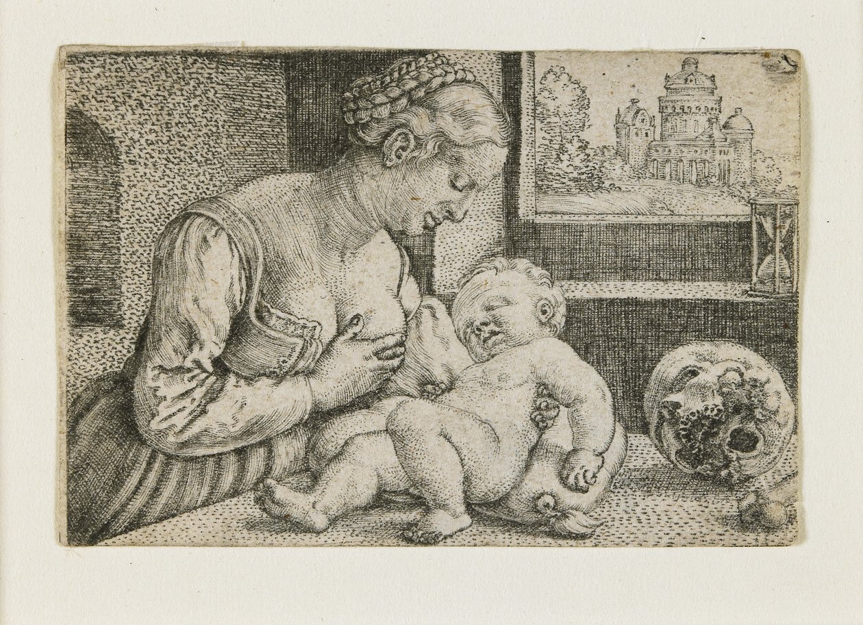 Anya és gyermeke koponyával és homokórával, 1528-1530 körül. alkotó: Barthel Beham