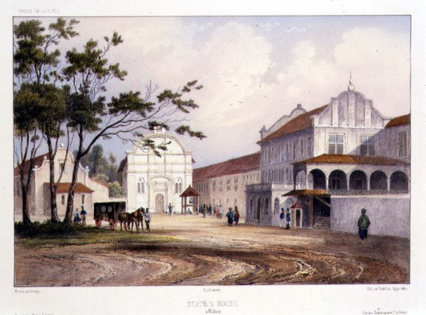 Állami ház Malacca-ban, metszet: Alfred Leon Lemercier, 1840 körül (kézzel színezett litó) alkotó: Barthelemy (after) Lauvergne