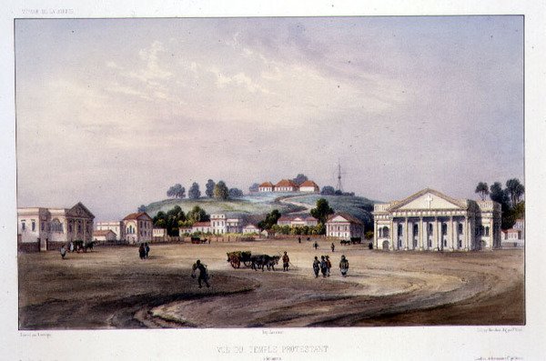 Kilátás egy protestáns templomra, Szingapúr, metszett Alfred Leon Lemercier, 1840 körül (kézzel színezett litó) alkotó: Barthelemy (after) Lauvergne