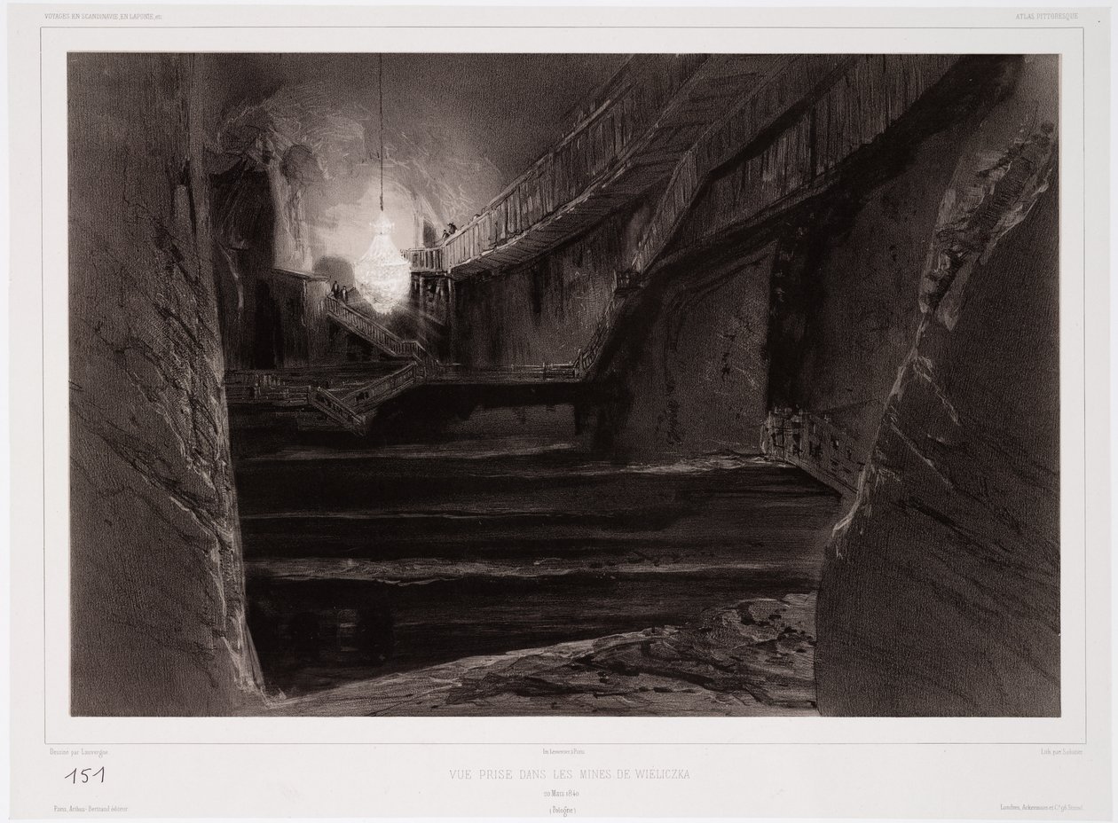 Nézet a wieliczkai bányában, Lengyelországban, 1840. március 20-án, Sabatier metszet (színezett litho) alkotó: Barthelemy after Lauvergne