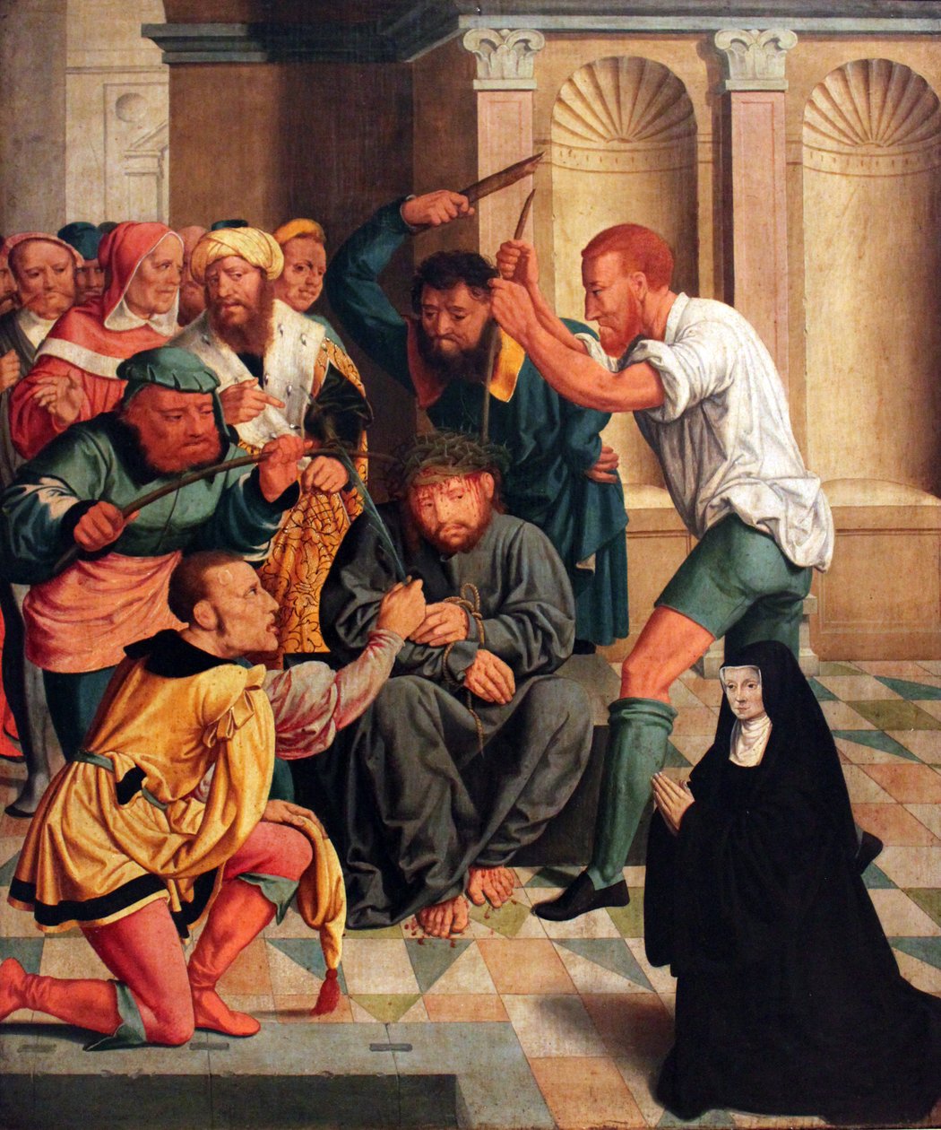 Német: Dornenkrönung Christi mit kniender Benediktinerin als Stifterin Tövissel megkoronázott Krisztus térdelő bencés apácával mint adományozóval. alkotó: Bartholomaeus Bruyn the Elder