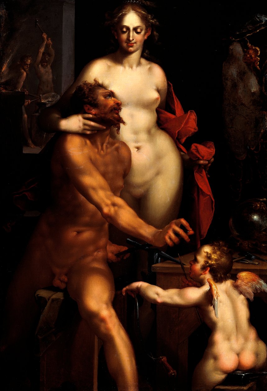 Vénusz a Vulkán, a Jupiter és az Antiope kovácsművében (festmény) alkotó: Bartholomaeus Spranger