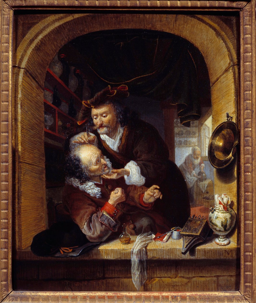 Orvostudomány: „” az orvos kis vérzést ad ki betege fejfájásának kezelésére”” Bartholomeus Maton (1643-1684) festménye 17. század V. 0,27x0,21 m Párizs, Musee du Petite Palais alkotó: Bartholomaus Maton
