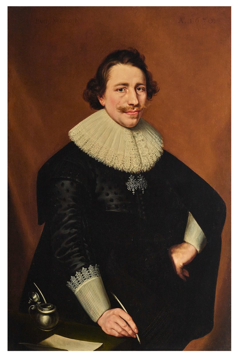 Háromnegyedes úriember portréja, tollat tartva; alkotó: Bartholomeaus Sarburgh