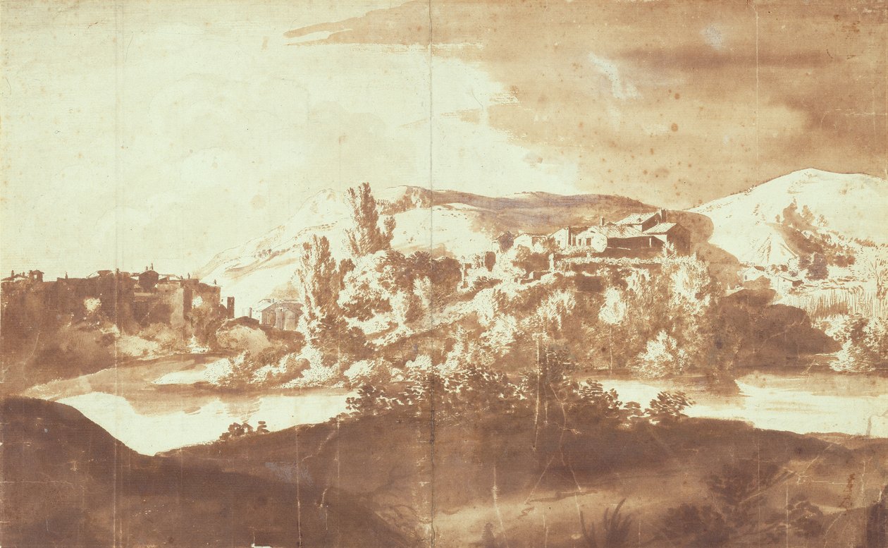 Olasz falu a folyón, 1627 körül (toll és tus, grafitra mázolva, papírra) alkotó: Bartholomeus Breenbergh