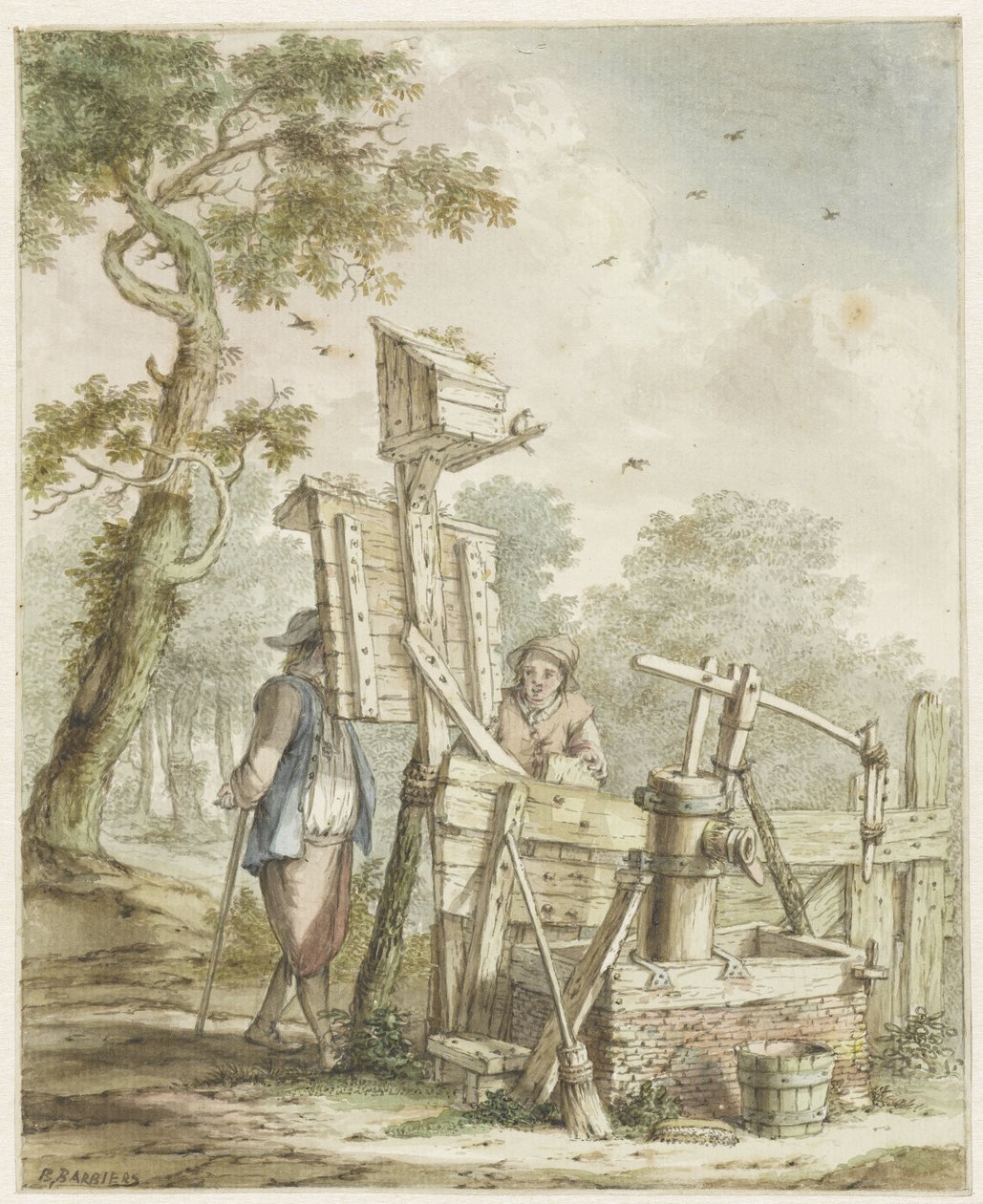 Táj két férfival egy óriásplakátnál egy vízszivattyú közelében alkotó: Bartholomeus Barbiers