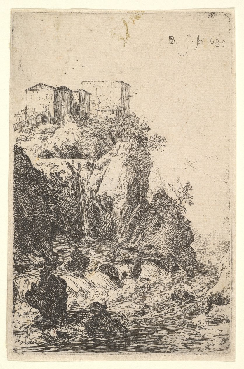 Vízesések a Ponte della Trave közelében, épületek fölött egy sziklás kiemelkedésen, a ... sorozatból, 1639. alkotó: Bartholomeus Breenbergh