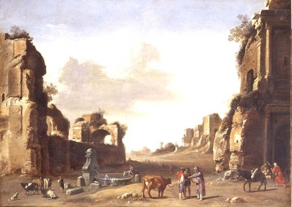 Klasszikus romok, parasztok itatják állataikat alkotó: Bartholomeus Breenbergh