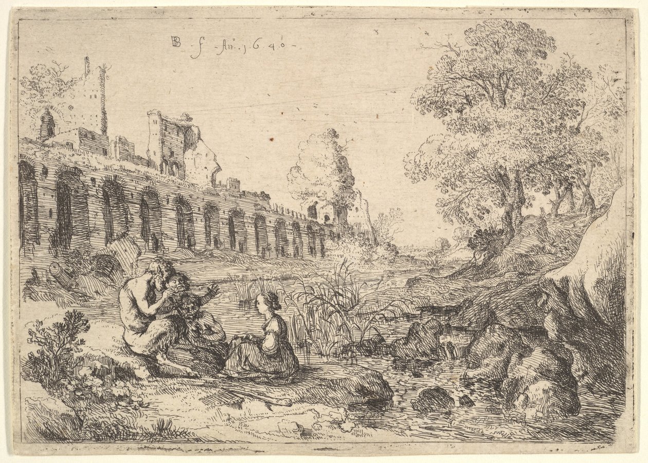 A szatírok előtt ülő Korzika egy folyó partján, Battista Gu... pár tányérból, 1640. alkotó: Bartholomeus Breenbergh
